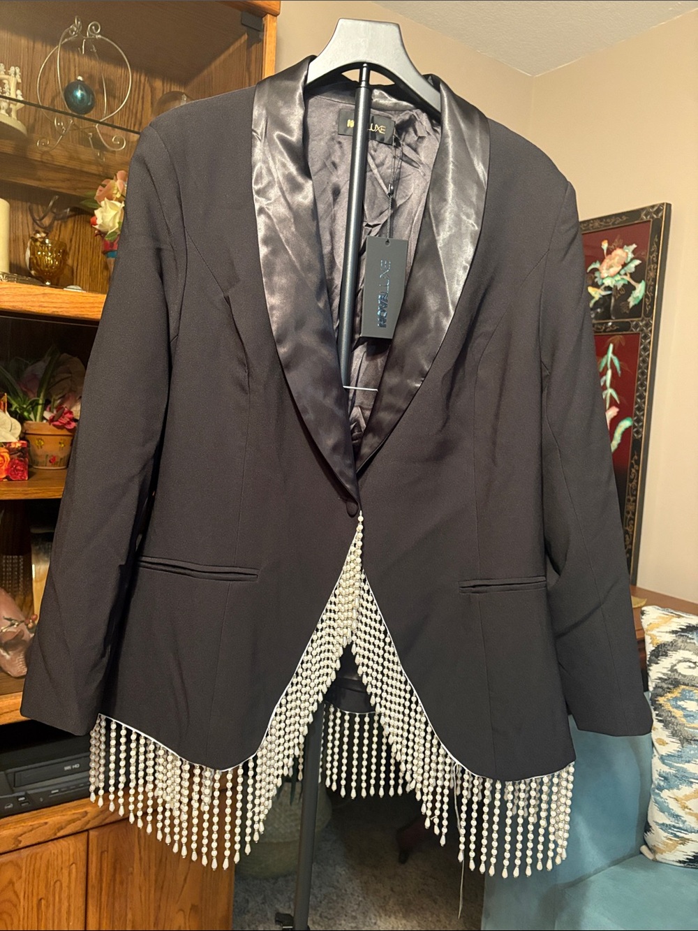 Unique Women’s Black Blazer with Satin Lapel and Pearl Fringe